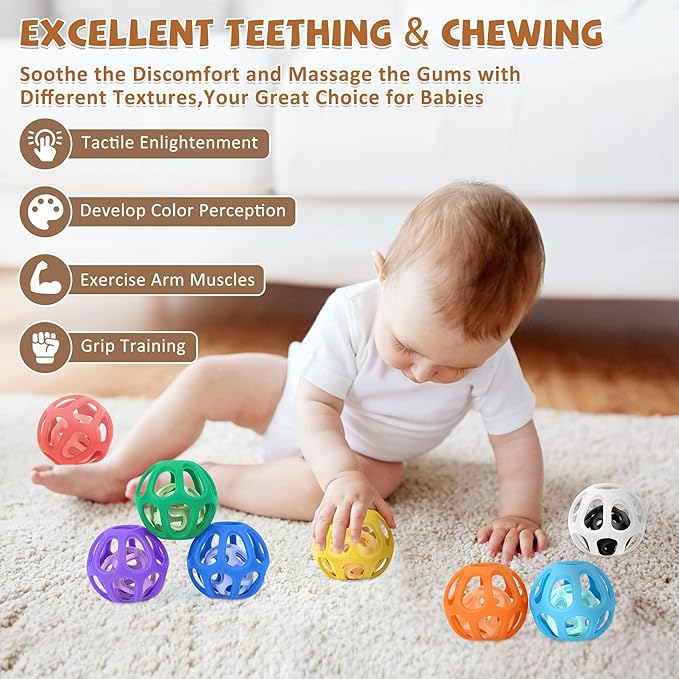 MCGMITT Baby Ball Toy with Holes, 8PCS Easy Grip Food Grade Silicone Baby Toys 0-6 Months, Colorful Soft BPA Free Montessori Baby Teethers 6-12 Months, Stretchy Newborn Infant Sensory Balls