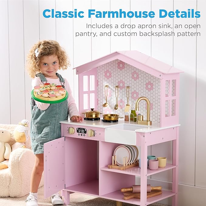 Best Choice Products Pretend Play Wooden Farmhouse Kitchen Set for Kids w/Toy Storage, Clicking Knobs, Windows, 5 Accessories Included - Rose