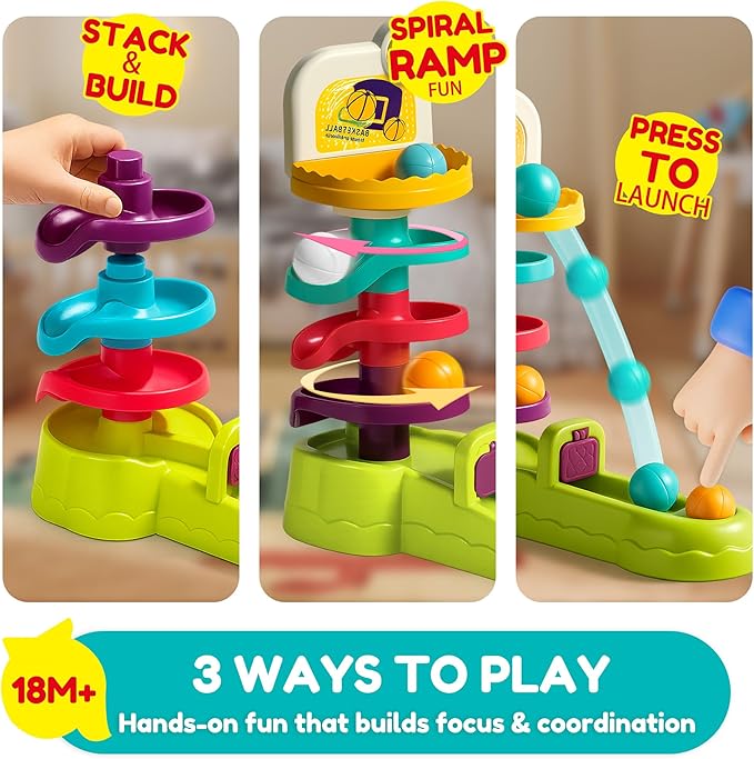 Montessori Ball Drop Toy for Toddlers 1-3, 2-in-1 Basketball Shooting Launcher with Spiral Ball Ramp Tower, Cause & Effect Preschool Learning, Birthday for Boys Girls