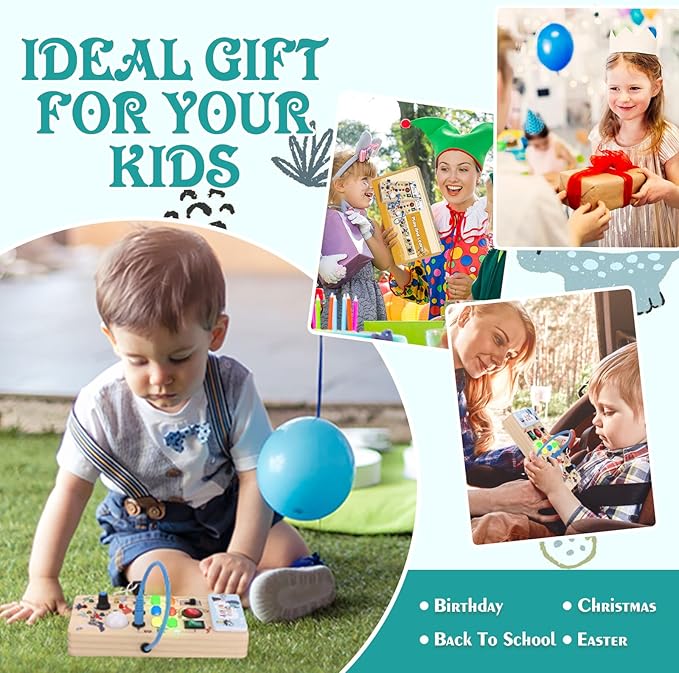 Hoarosall Dinosaur Busy Board with 8 LED Light Switches, Toddler Montessori Busy Board with Light Switch, Sensory Travel Toys, Montessori Toys for 1+ Year Old Boys