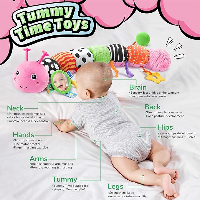 LIGHTDESIRE Baby Toys Musical Caterpillar,Infant Toys 3 6 12 Months Sensory Toy with Ruler Design,Mirror,Pull String,Crinkle&Ring Bell,Baby Teething Toy for Tummy Time Boy Girl Gifts (Rose Pink)