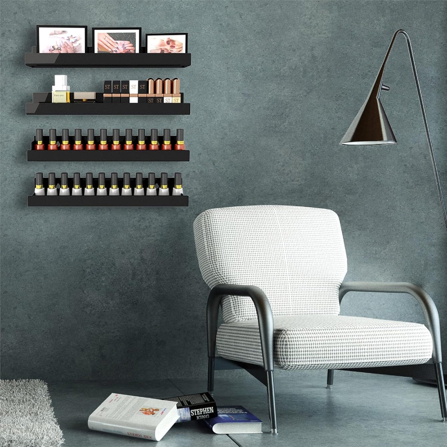 4 Pack 15 Inch Black Acrylic Shelves, Black Kids Floating Bookshelf for Kids Room, Modern Nail Polish Rack Sunglasses Essential Oil Picture Ledge Display Toy Storage Wall Shelf