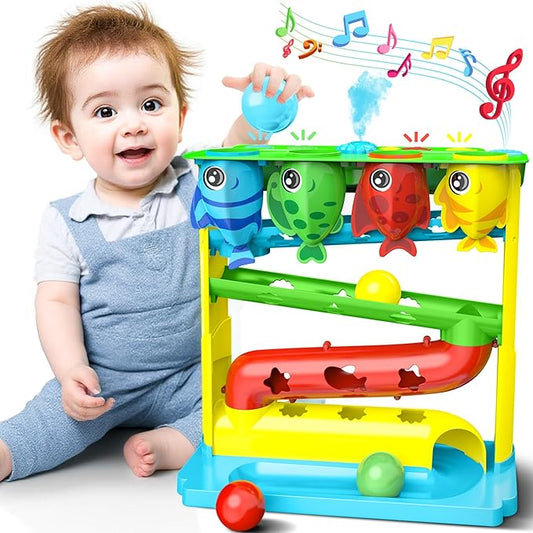 Ball Drop Toy for 1, 2 Years Old Boys & Girls, Interactive Toddler toy with Lights, Music & Water Spray, Montessori STEM Learning Toys for 9-18 Months, Infant Early Development Gift (Blue)