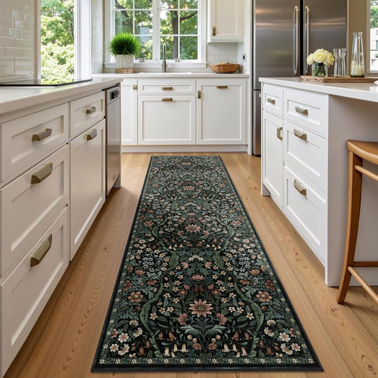 2x6 Washable Runner Rug,Black Floral Boho Area Rug for Hallway,Low-Pile Non-Slip Stain Resistant Carpet for Kitchen, Bedside,Laundry Room,Entryway