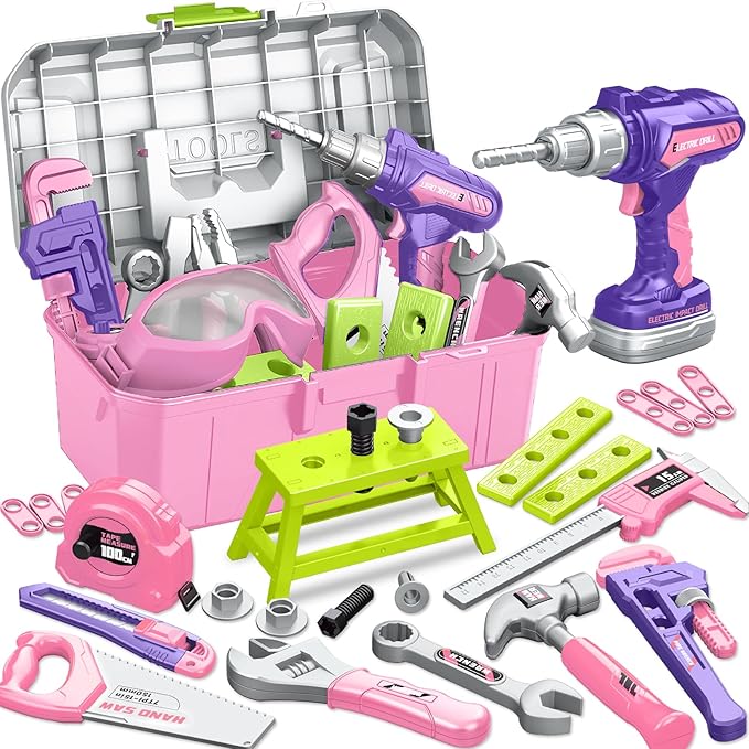 Kids Tool Set 46 PCS, Toddler Tool Set with Portable Tool Box & Power Toy Drill, Construction Toys Tools for Toddlers, Tool Kits for Girls Boys, Christmas Birthday Gifts for Kids Ages 3,4,5,6,7,8+