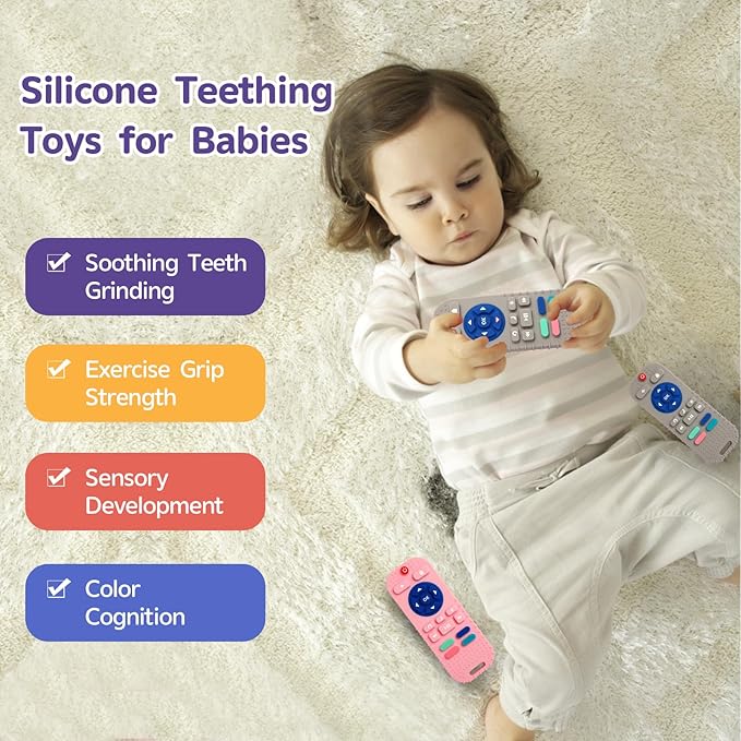 Hooku 2 Pack Silicone Teething Toys for Babies 0-6 Months, Teethers for Babies 6-12 Months, Remote Teether for Baby, Sensory Toys for Babies, Baby Chew Toys