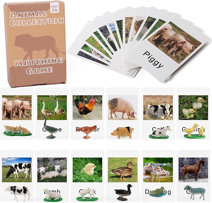 MEROCO Montessori Animal Match - Miniature Farm Animal Toy Figurines with Matching Cards Montessori Language Materials Preschool Learning Toy NEWT033