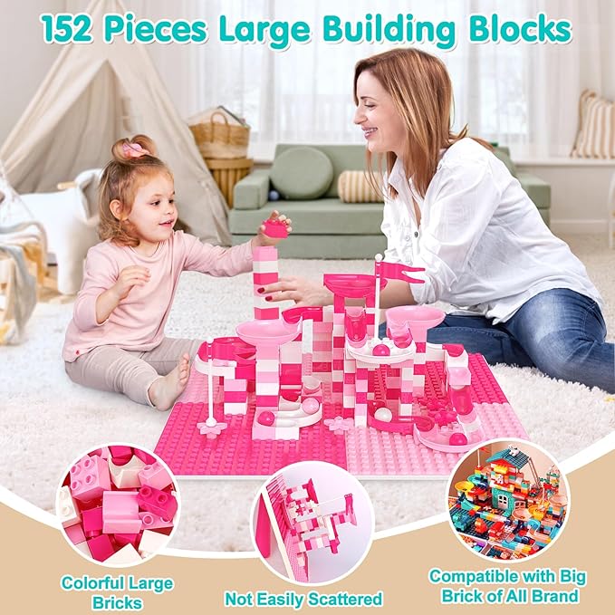 arscniek Toddlers Activity Table 7 in 1 Kids Activity Tables and Chairs Set with 152Pcs Large Marble Run Building Blocks, Sand/Water Tables, Kids Learning Play Table Toys for Girls Boys Toddler Pink