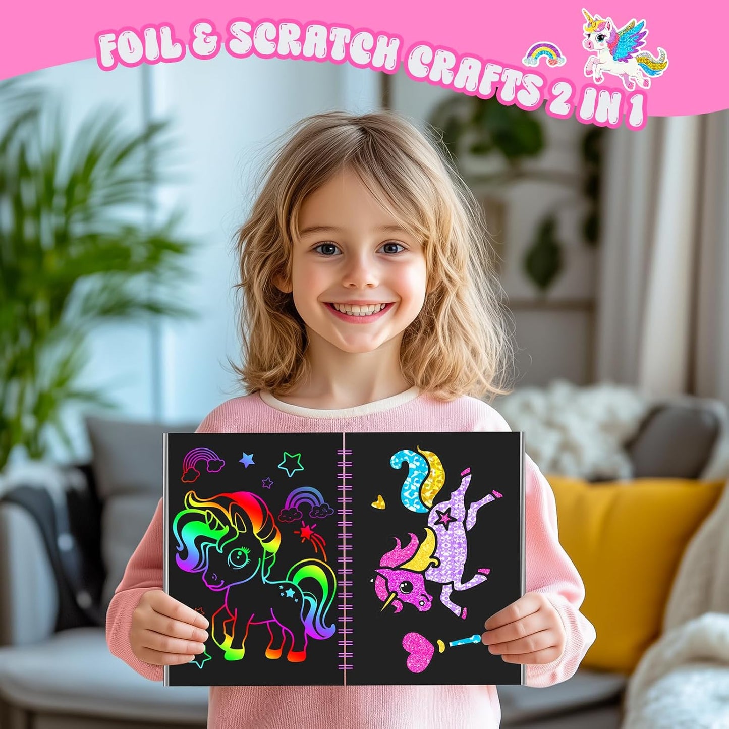 homicozy Art & Craft Activity for Kids: Foil Fun Unicorns and Princess & Scratch Art Book 2-in-1,No Mess Art Crafts for Girls,DIY Creative Activity Kit,Gifts for Girls Ages 4,5,6,7,8,9, Travel Toys