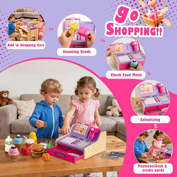 Wooden Cash Register for Kids with Shopping Cart Rechargeable Kid Cash Register with Scanner Gift for Kids Age 3 4 5 6 7 8 9 Year Old Pretend Play for Toddlers Toys for 3-12 Year Old Girls