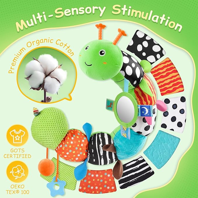 Baby Toys Sensory Musical Animal Stuffed Toy for Infant 0-3-6-12 Months Tummy Time Newborn, Plush Caterpillar with Mirror,Crinkle,Rattle Teething Toys for Baby Boys Girls Shower Gifts, Green