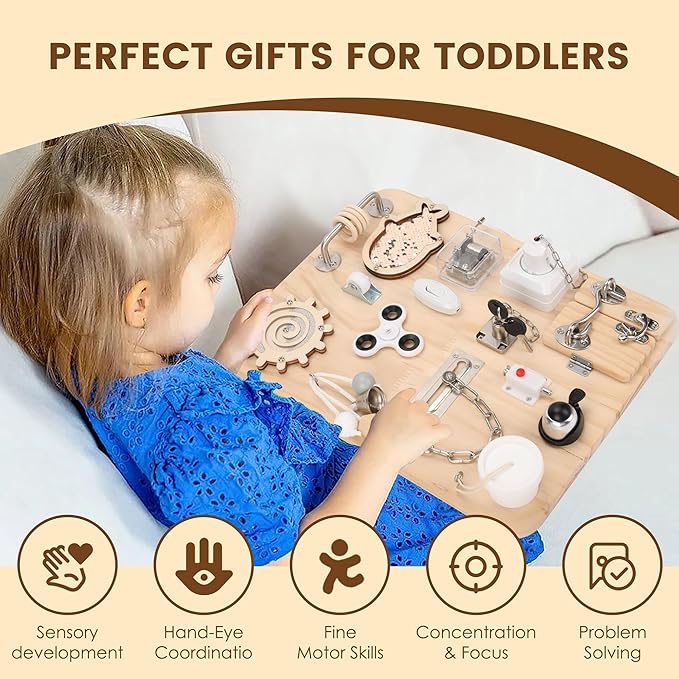 Wooden Montessori Busy Board, Montessori Sensory Activity Board Toys for Kids Toddler Baby Boys Girls, for Autism & ADHD Motor Skills