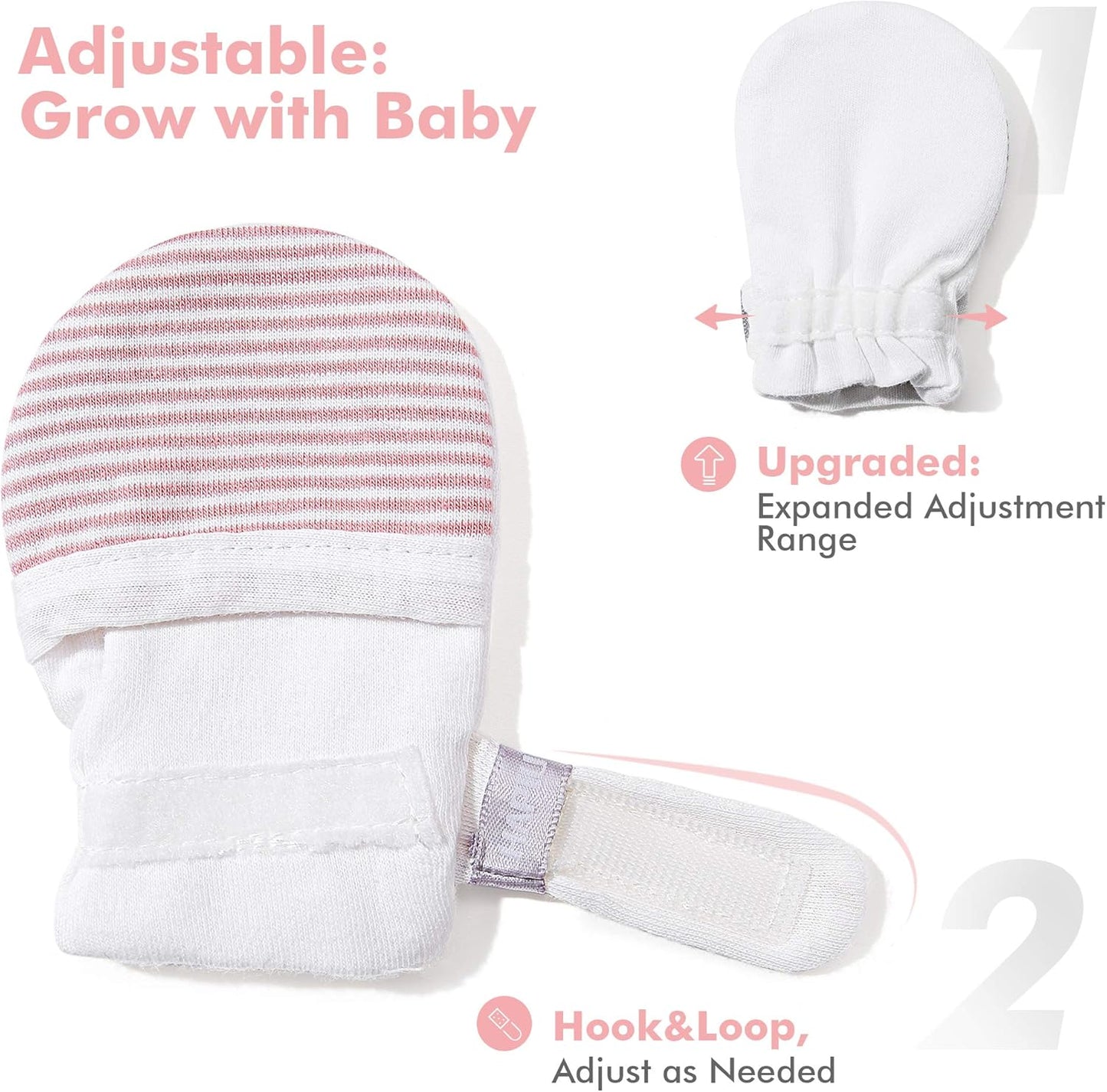 HAPIU Baby No Scratch Mittens Stay On, 100% Cotton Breathable, Adjustable Infant Gloves for Boys Girls, Newborn - 12 M