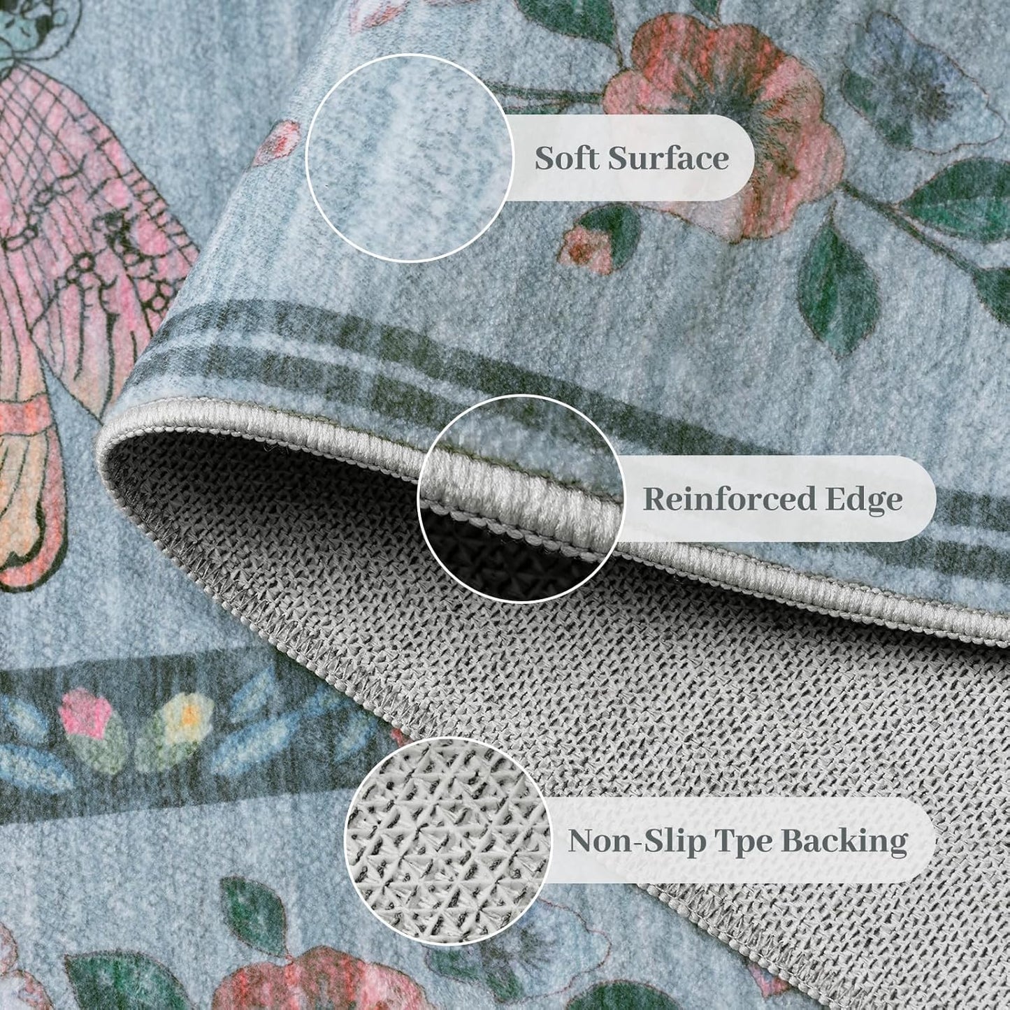 4ft Washable Round Rug - Bug Rugs for Living Room Non-Slip Low Pile Soft Ultra-Thin Machine Washable Circle Carpet for Bedroom, Entryway, Nursery, Kitchen, Home Office (4' Round Blue)