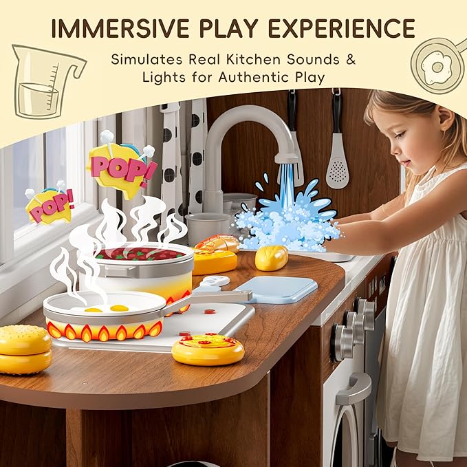 Wooden Play Kitchen with 180 Degree Rotation, Interactive Kids Corner Toy Kitchen Playset with Lights & Sounds, Toddler Kitchen Play Set with Realistic Accessories for Girls Boys Ages 3+, Brown