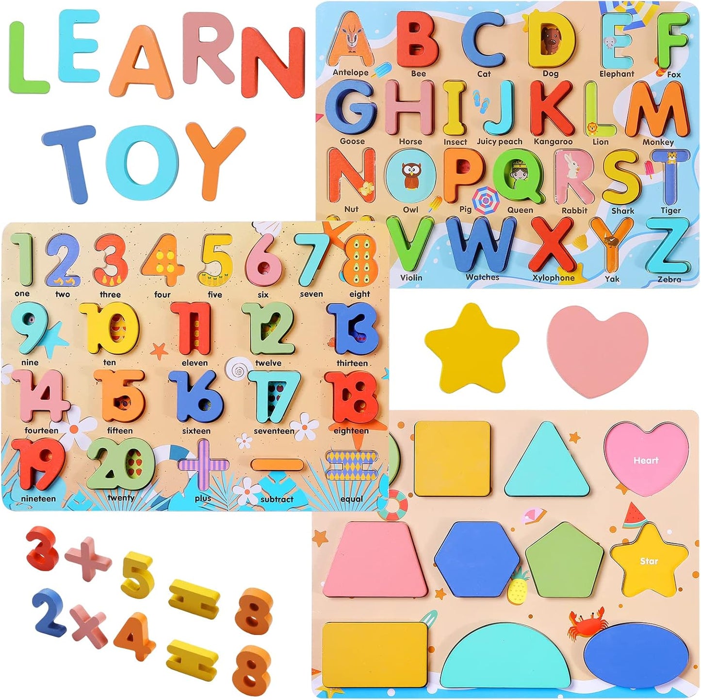 Wooden Puzzles for Toddlers, Voamuw Alphabet Number Shape Learning Education Preschool Toys for Kids Ages 3-6 Years Old (Set of 3)