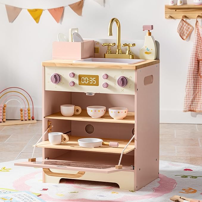 ROBOTIME Wooden Toy Dishwasher Sink – Pink Pretend Kitchen Toy with Gold Faucet, Turning Knobs, Dish Rack, Plates, Bowls, Cups – Montessori Wooden Play Kitchen for Girls Ages 3+