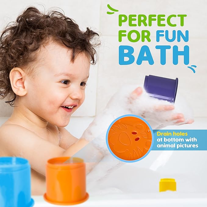 KIDSTHRILL Rainbow Colors Baby Stacking Cups for Toddlers, Tall Baby Stacking Toys Nesting Cups, Drain Holes for Bath Toys, Educational & Motor Skills Sorting & Nesting for 1 2 3 Years Old