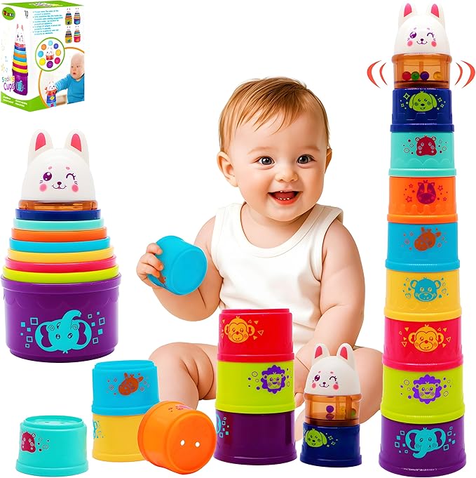 Bunny Baby Stacking Cups for Toddlers 1-3, Stacking Toys Plastic Stackable Cups for Babies 6-12 12-18 Months Toddler Toys 1-2 Nesting Color Learning Montessori Toy Gift for 1 Year Old Boy Girl