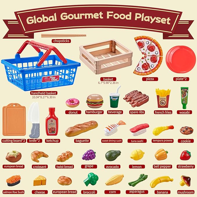 Play Food Sets for Kids Kitchen, Global Cuisine Toddler Cutting Fake Food Toys Including Pizza, Sushi & Bakery , Pretend Toy Food & Play Kitchen Accessories with 2 Baskets, Ideal Gift for Boys Girls