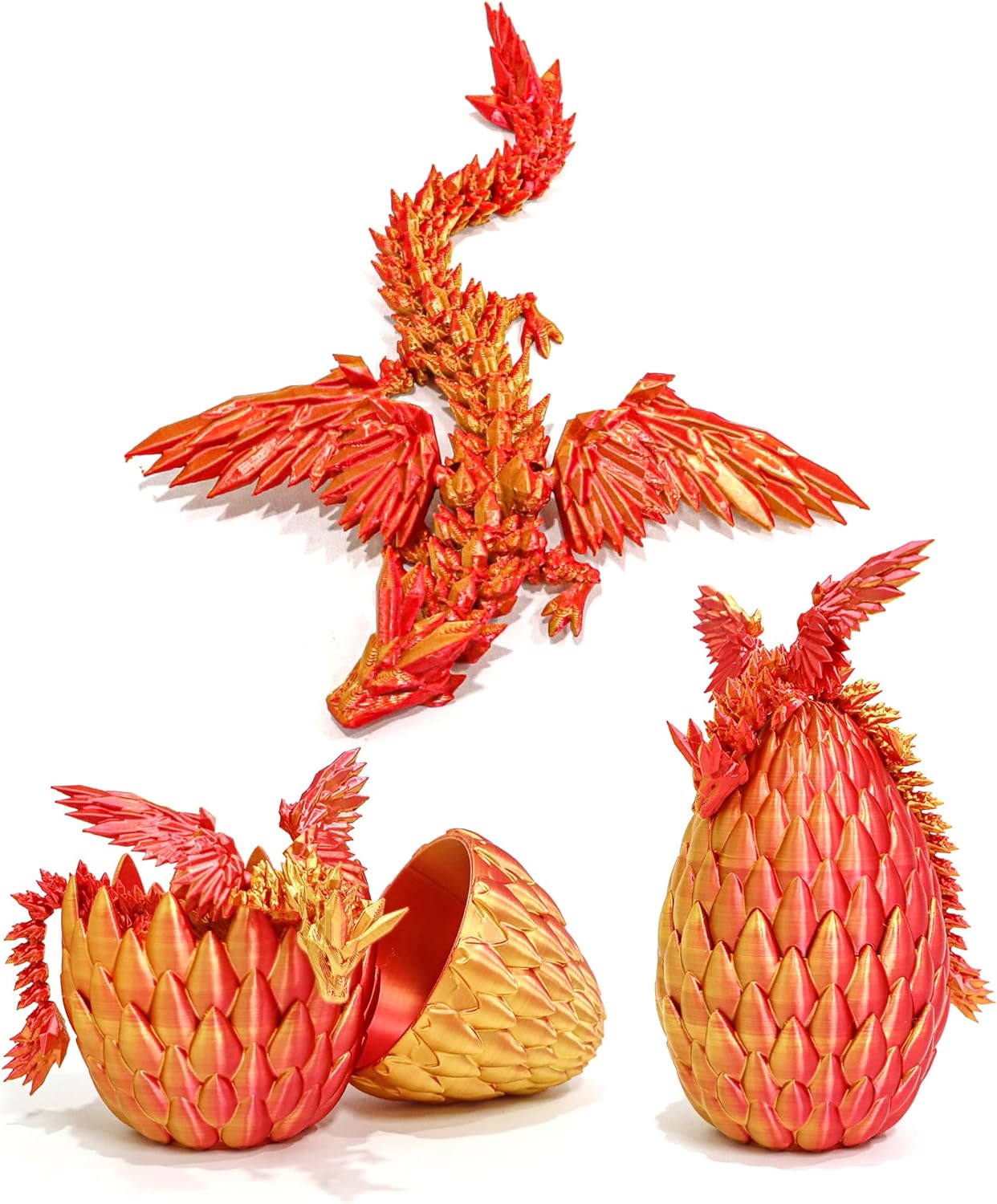 3D Printed Flying Dragon in Egg - Red Mix Gold - Surprise Egg with Flexible Winged Dragon Inside, Mystery Beautiful Fidget Toy, Birthday Gift, Desk Figure Decor