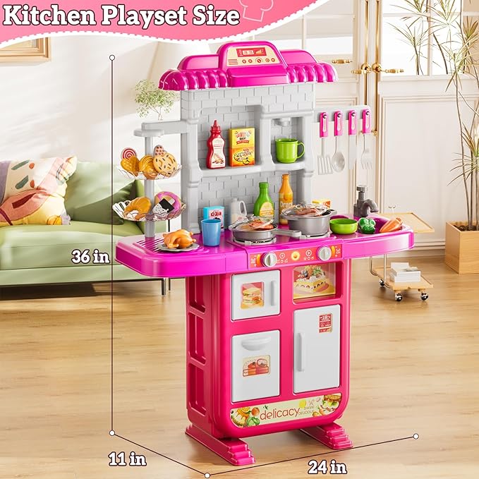 Kids Kitchen Playset for Ages 3-6 4-8, Play Kitchen with Light, Sound and Spraying, Sink Toy Accessories, Cooking Stoves, Pretend Food Toys for Toddlers 3-5 Boys Girls 6-12