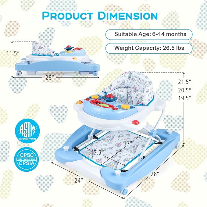 BABY JOY 6-in-1 Baby Walker, Foldable Baby Walker with Wheels, Adjustable Height, Music, Lights, Bouncer & Rocker Mode, Baby Walkers for Boys Girls 6-14 Months (Blue)