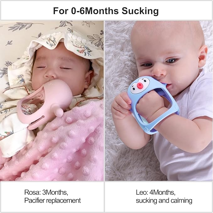 Smily Mia Baby Teething Toy |Penguin Teether for 0-6Months |Reindeer Baby Chew Toys for 3m+, Soft Silicone Hand Teether |Teething Mitten for Teeth Pain Relief, Newborn Essentials Gift Box, Light Pink