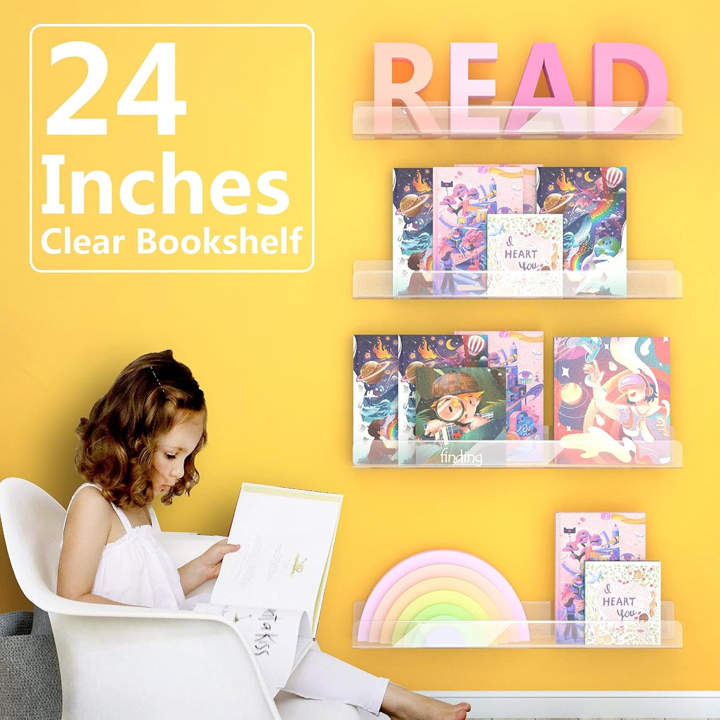 24 inches Wall Mounted Kids Bookshelf, Clear Acrylic Display Book Shelves for Kids Room Nursery Toddler Classroom 2 Packs