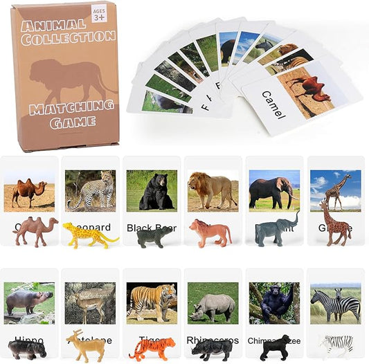 MEROCO Montessori Zoo Safari Animal Match - Miniature Figurines with 2 Part Matching Cards Montessori Language Materials Preschool Learning Toy NEWTT004
