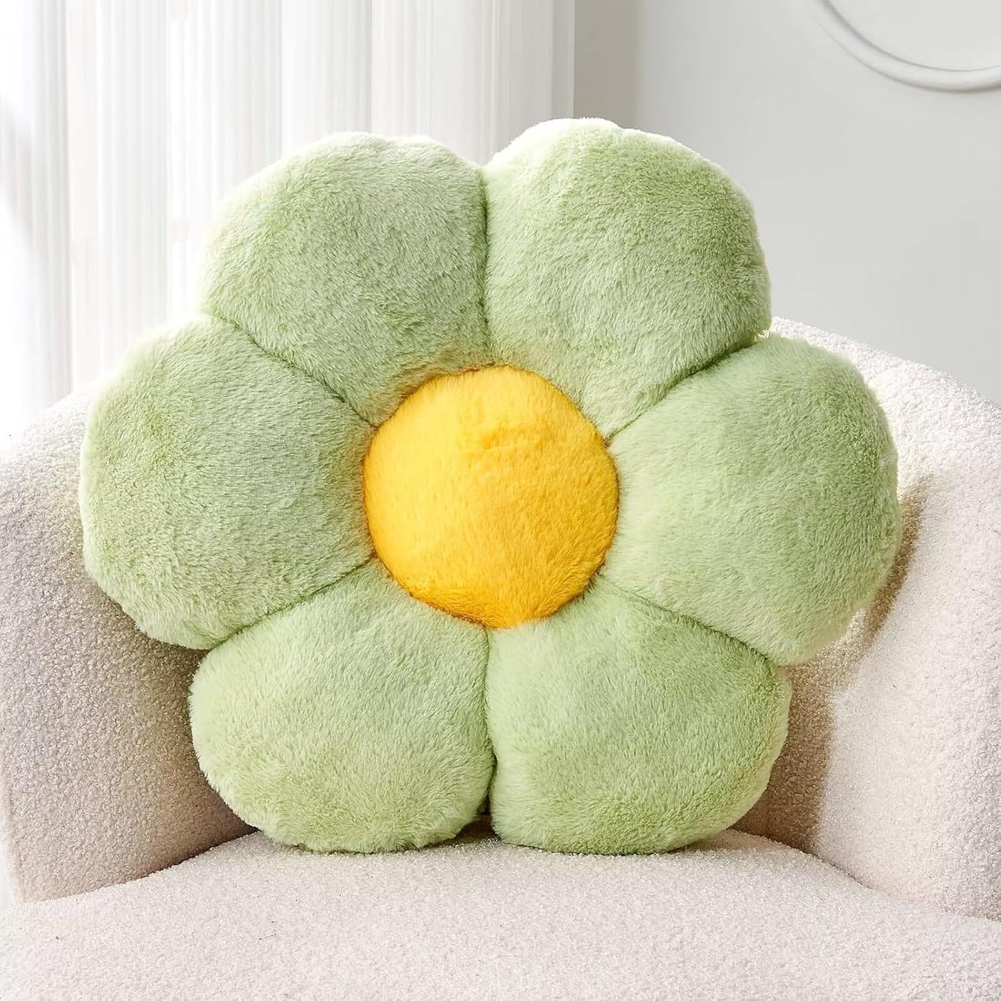 Green Flower Shaped Throw Pillow with Faux Rabbit Fur, 14.9" Soft Plush Throw Pillow for Bedroom Living Room