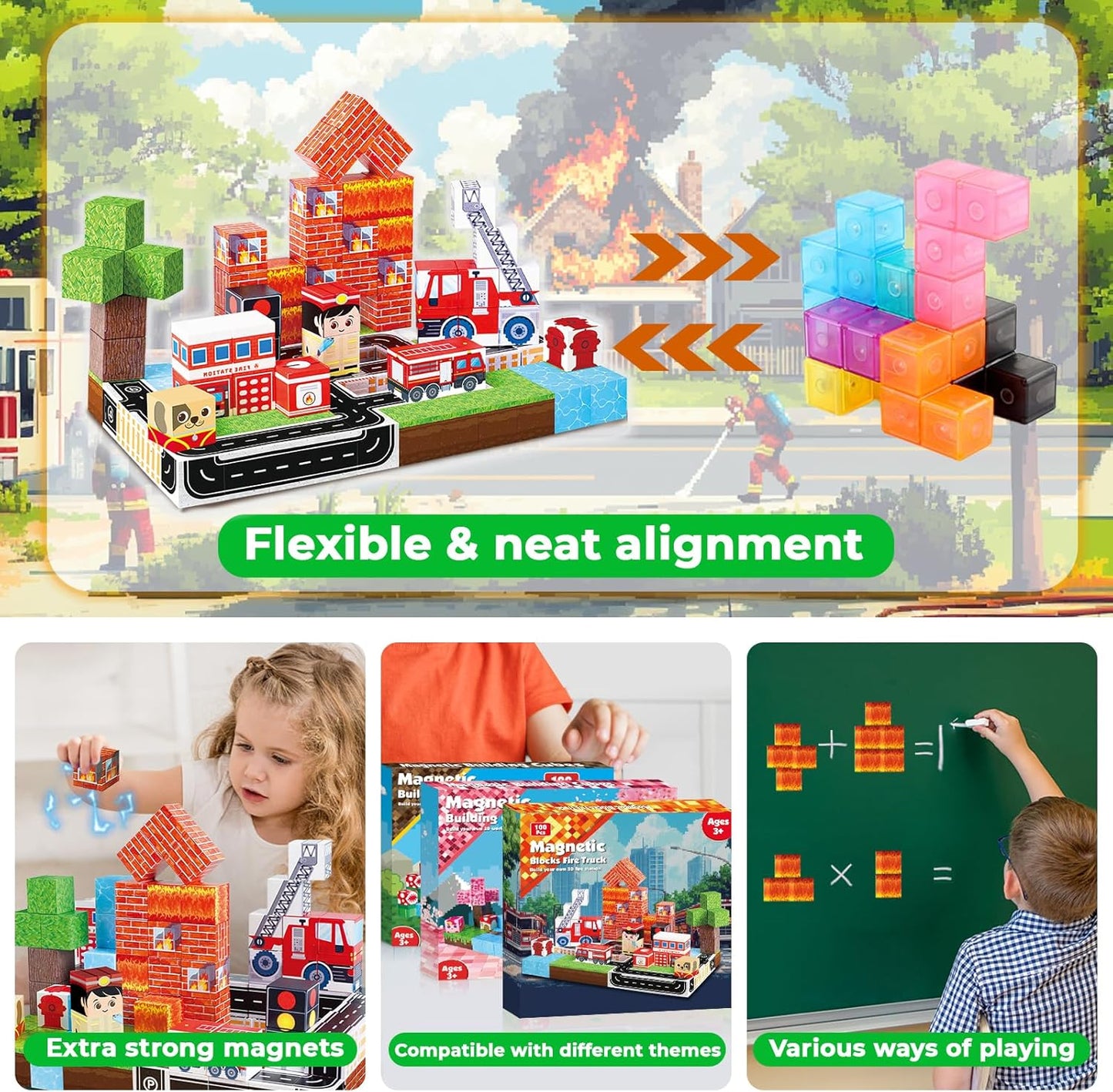 GoodyKing Magnetic Blocks|100PCS Fire Truck Magnetic Building Cube Game,Constructions Toys for Boys & Girls Age 3-4,5-8 9 10,STEM Montessori Stacking Toy,Sensory Tiles Building Christmas for Toddlers