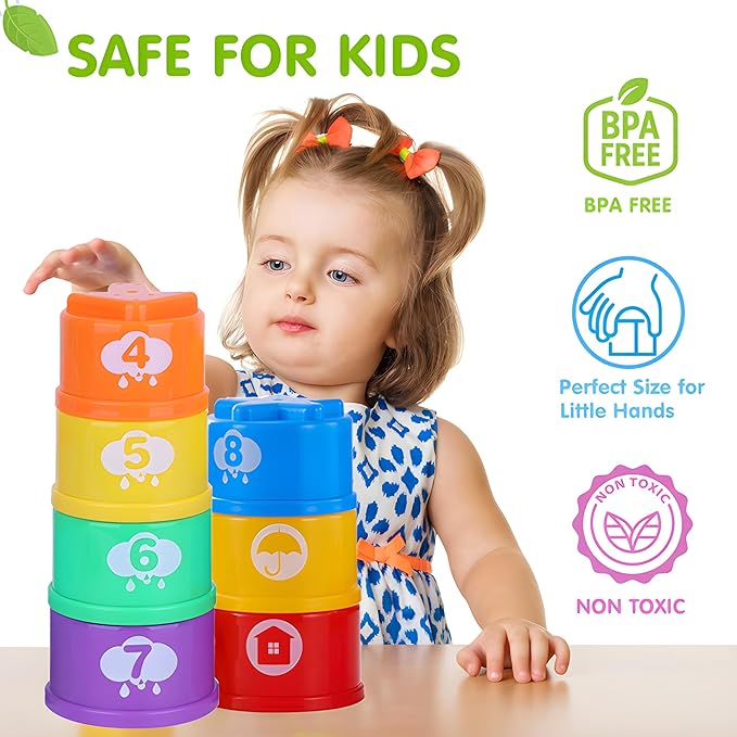 Stacking Cups Baby Toy Set, Nesting Stacking Toys for Toddlers 1-3 Montessori Toys for 1 Year Old Babies 6-12-18 Month Stackable Number Blocks Infant Sensory Bath Easter Basket Stuffers Gifts