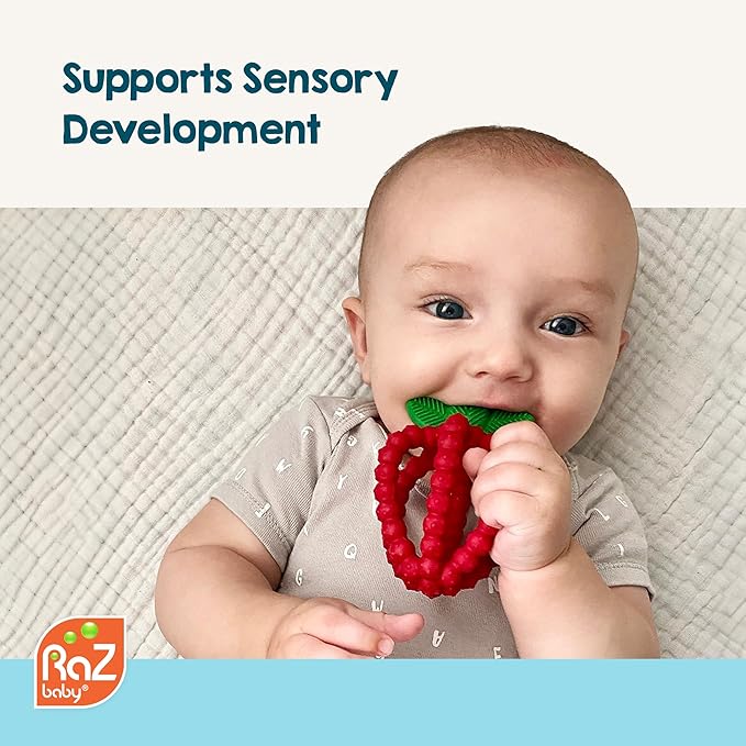 RaZbaby Bites Silicone Baby Teething Toy – Sensory Toy with Textured BerryBumps for Teething Relief, Easy-to-Hold Fruit Shape, BPA-Free, Soothes Front & Back Teeth – Gift for Babies, 3 Months+, Pink