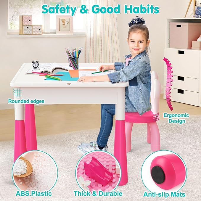 arscniek Toddlers Activity Table 7 in 1 Kids Activity Tables and Chairs Set with 152Pcs Large Marble Run Building Blocks, Sand/Water Tables, Kids Learning Play Table Toys for Girls Boys Toddler Pink