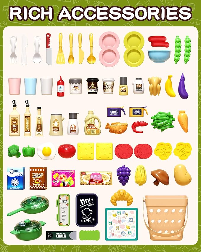 33.8IN - 70PCS Kids Kitchen Playset with Sound & Light - Cooking Stove with Steam, Play Sink and Toy Kitchen Accessories - Pretend Kitchen Play Food Toys for Kids Boys Girls - Toddler Play Kitchen Set