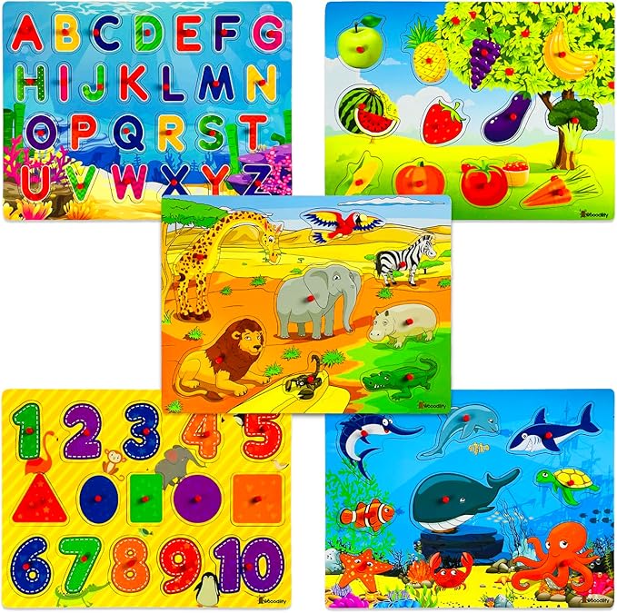 5 Pack Wooden Puzzles for Toddlers 1-3 - Colorful Chunky Wooden Peg Puzzles - Educational Learning Montessori Toys - Toddler Puzzles for Kids Ages 2-4 - Alphabet ABC Number Animal Fruit Shape