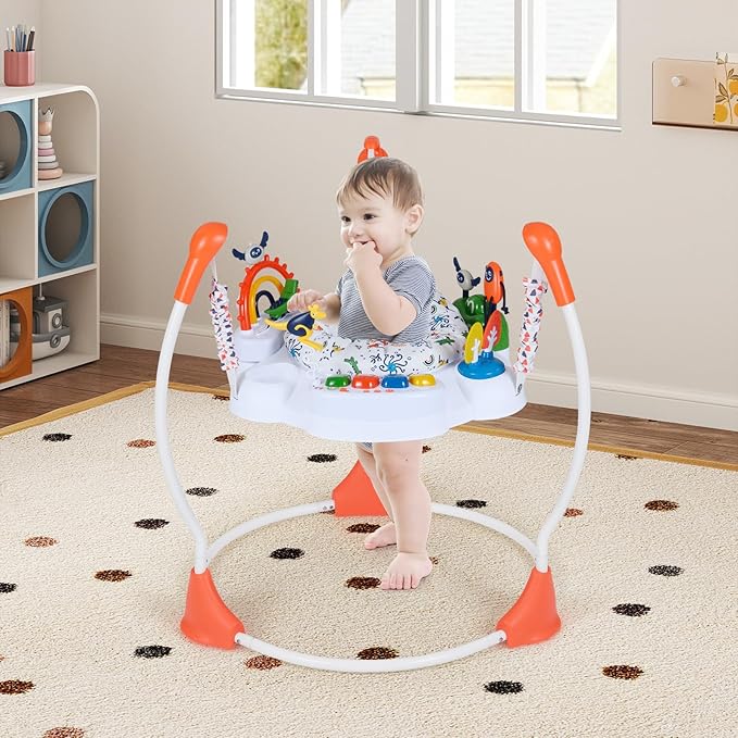 BABY JOY Baby Activity Center, Baby Jumpers and Bouncers with Music, Lights, 360° Rotating Seat, 3 Adjustable Heights, Montessori-Inspired Activity Center for Baby 6 Months + (Orange)