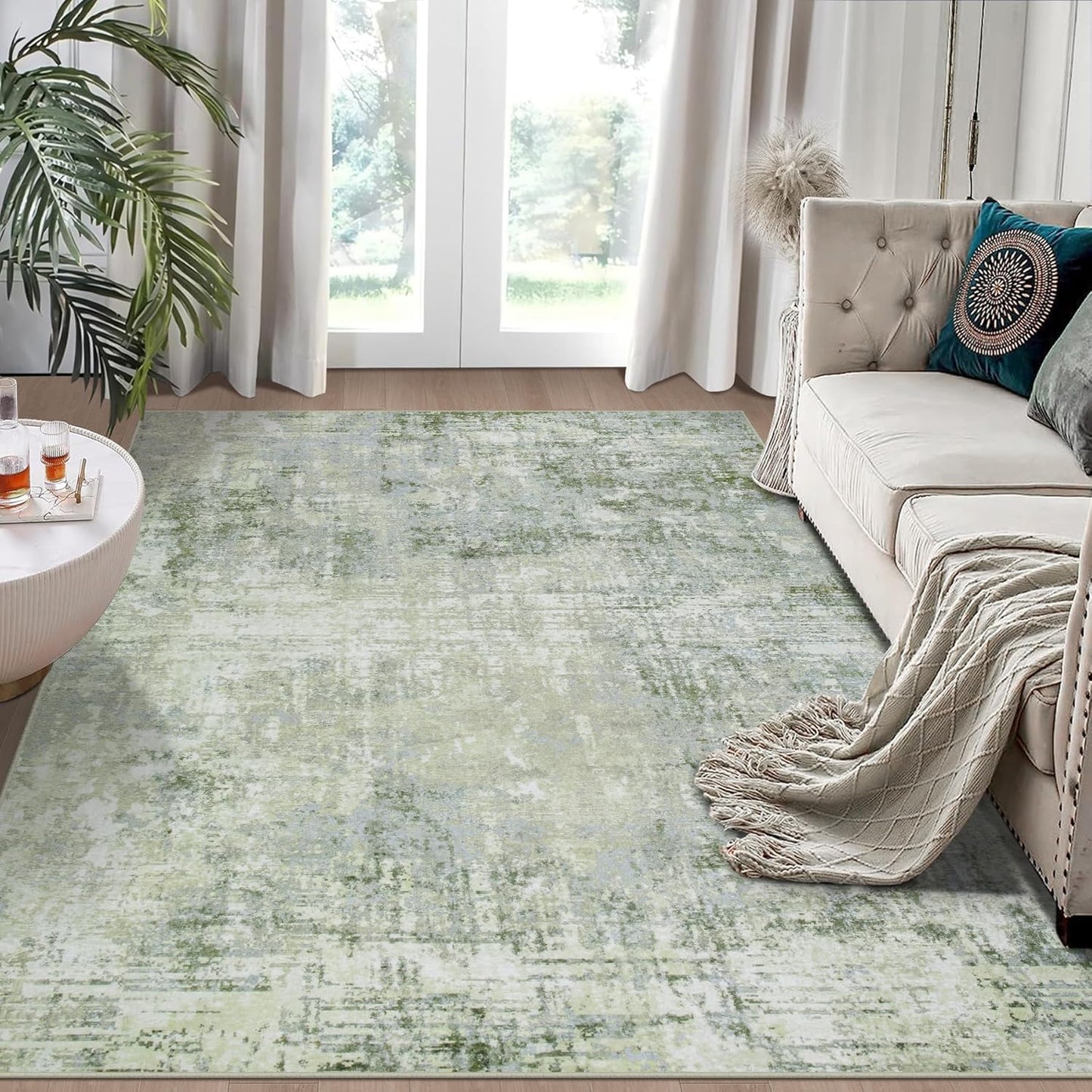 4x6 Area Rugs for Living Room Rug Washable: Modern Large Rug for Dining Room Bedroom Carpet Non Slip Low Pile 4 by 6 Indoor Abstract Nursery Home Office Green