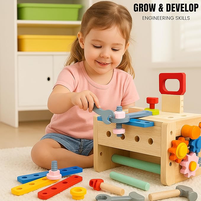 RAISUL Wooden Tool Set for Kids – 35 Pieces Wooden Toddler Tool with Box – Montessori STEM Educational Pretend Play Construction Toy for 3 to 13 Year Old Boys Girls – Best Birthday Gift