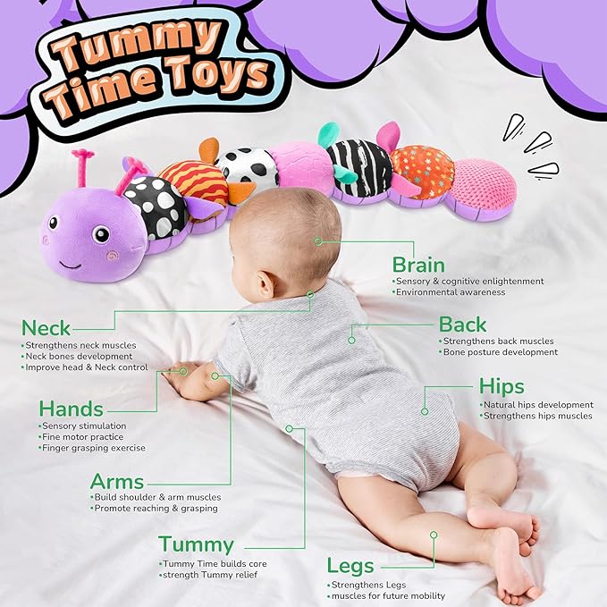LIGHTDESIRE Baby Toys Musical Caterpillar,Infant Toys Stuffed Animals 3 6 12 Months Sensory Toy with Ruler Design,Crinkle&Ring Bell,Baby Teething Toy for Tummy Time Newborn Boy Girl Gifts (Purple)