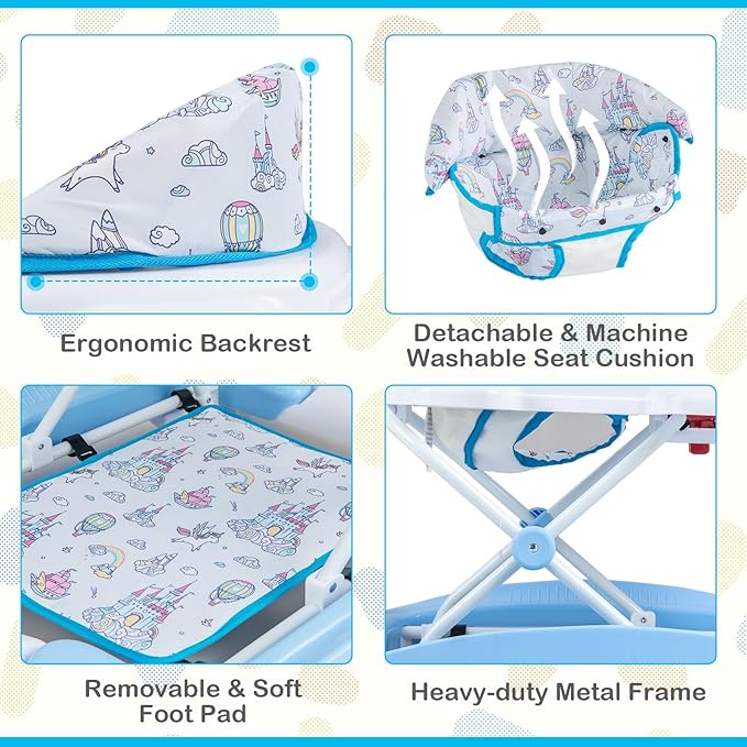 BABY JOY 6-in-1 Baby Walker, Foldable Baby Walker with Wheels, Adjustable Height, Music, Lights, Bouncer & Rocker Mode, Baby Walkers for Boys Girls 6-14 Months (Blue)