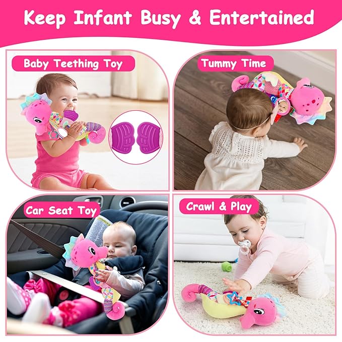 Baby Girl Toys 0-6 3-6 Months Musical Stuffed Animal Plush Pink Seahorse for Infant Tummy Time 6-12 Month with Baby Mirror Sensory Newborn Crinkle Developmental Toy Birthday Shower Gifts 0-3 4 5 Month