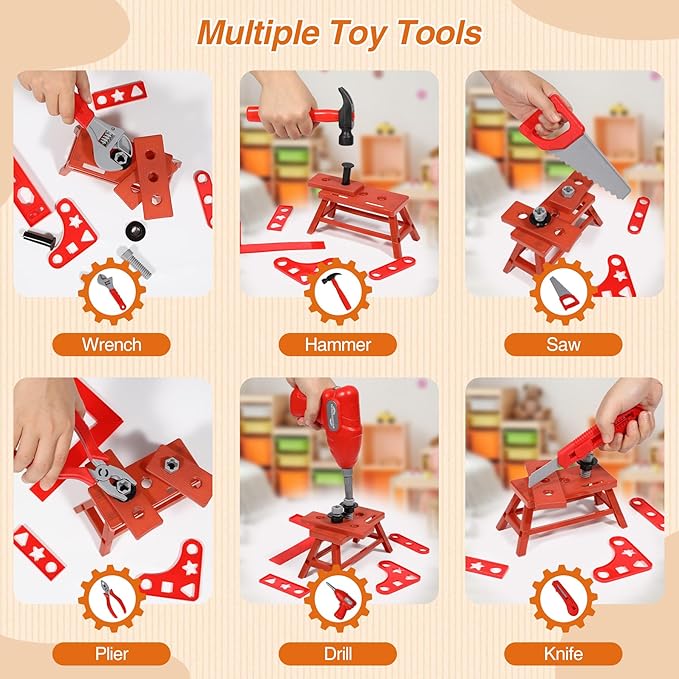 RedSwing Kids Tool Set, 55 Piece Kids Construction Kits with Storage Box,Toddler Play Tools,Pretend Play Construction Kits for Ages 3-8 Years Old