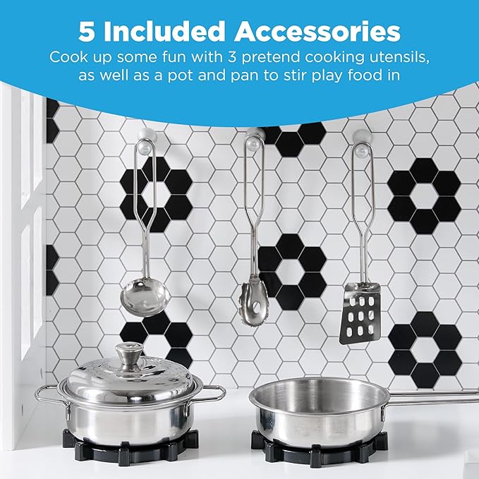 Best Choice Products Pretend Play Wooden Farmhouse Kitchen Set for Kids w/Toy Storage, Clicking Knobs, Windows, 5 Accessories Included - White/Black