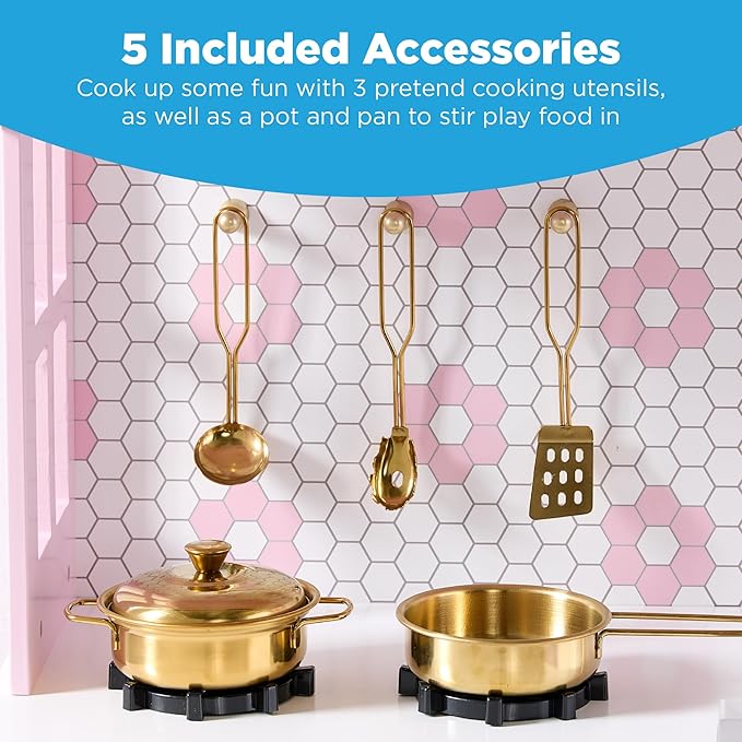 Best Choice Products Pretend Play Wooden Farmhouse Kitchen Set for Kids w/Toy Storage, Clicking Knobs, Windows, 5 Accessories Included - Rose