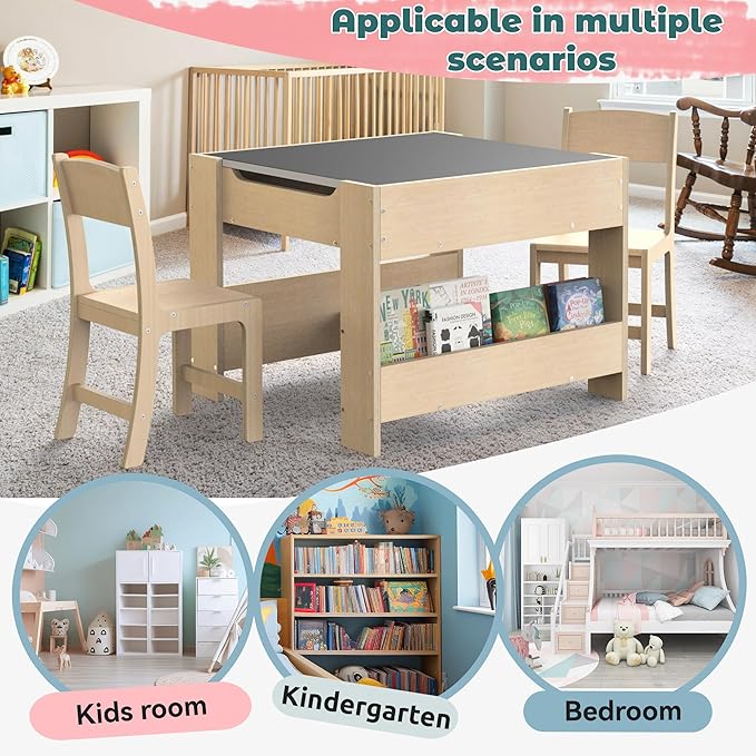 4-in-1 Kids Wooden Activity Desk & Chair Set – Birch Plywood Table with Reversible Whiteboard & Chalkboard, 3 Storage Areas for Toddlers’ Learning, Art, and Play(1-4 Years)