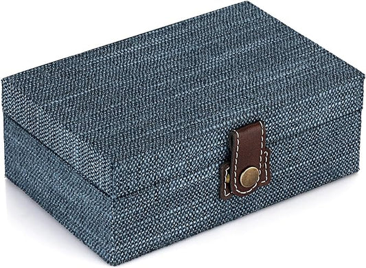 Hipiwe Treasure Chest Jewelry Box - Wooden Decorative Box with Clasp Linen Covered Memento Case Box Rectangular Keepsake Box Photos Storage Organizer Home Decor,Blue
