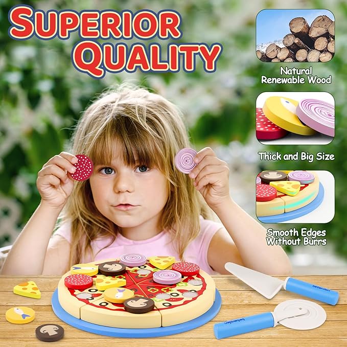 Wooden Pizza Play Food Set - 24 Pcs Cutting Toys, Pretend Play Kitchen Accessories for 3-5 Year Old Toddlers Boys & Girls
