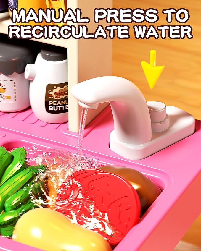 33.8IN - 70PCS Kids Kitchen Playset with Sound & Light - Cooking Stove with Steam, Play Sink and Toy Kitchen Accessories - Pretend Kitchen Play Food Toys for Kids Boys Girls - Toddler Play Kitchen Set